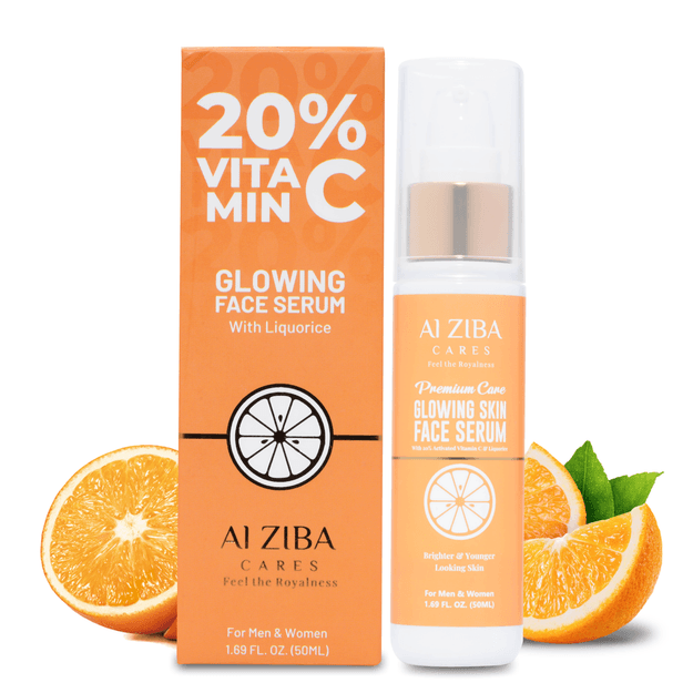 ALZIBA CARES 20% Vitamin C Glowing Face Serum with Hyaluronic & Ferulic Acid, Grape seed, Baobab oil, Licorice and Aloevera | For Glowing, Brightening & Anti Aging Skin | 50 ML | for Men and Women, All Season & all Skin Types