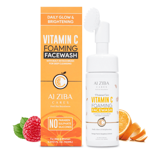 ALZIBA CARES Vitamin C Foaming Face wash with Orange Peel, Raspberry, Liquorice, Aloe Vera and Vitamin E | for Glowing, Brightening and Anti Aging | 150 ML | for Men and Women, All Season & all Skin Types