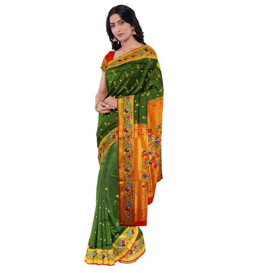 Pure Silk Paithani In Bottle Green