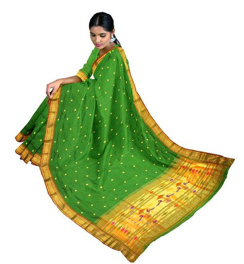 Pure Silk Paithani In Bottle Green