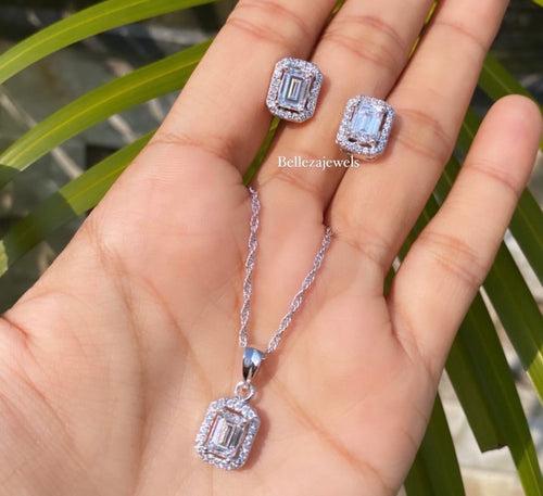 Emerald cut halo loop pendant set with earrings