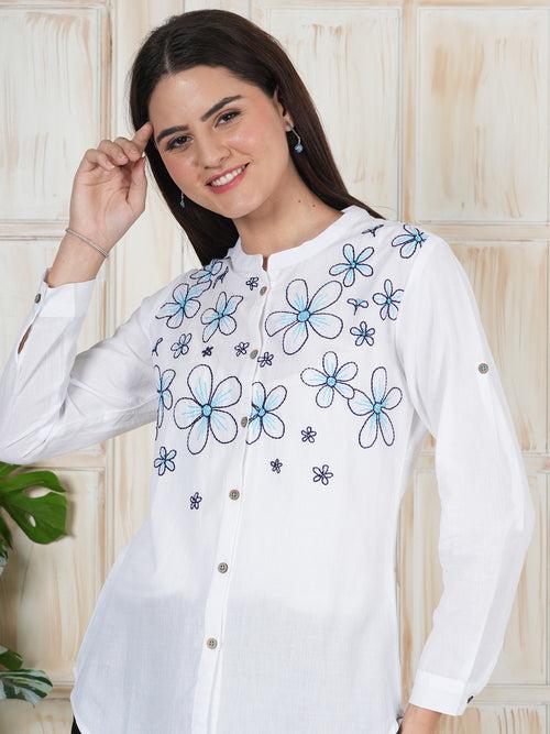 White Hand Embroidered Women Shirt