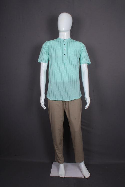 Green with Blue Stripes Half Sleeves Short Kurta