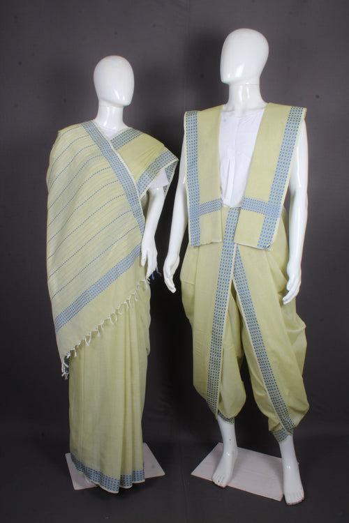 Moss Green Aahar Joda with Blue Stripes Border