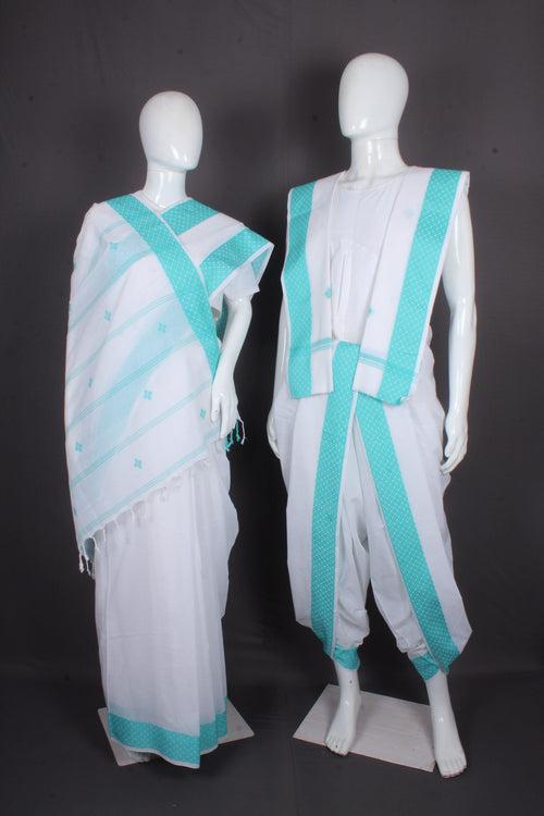 White Dobby Aahar Joda with Sky Blue Border and Butis