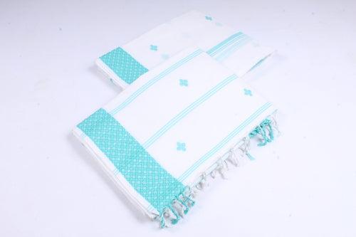 White Dobby Aahar Joda with Sky Blue Border and Butis