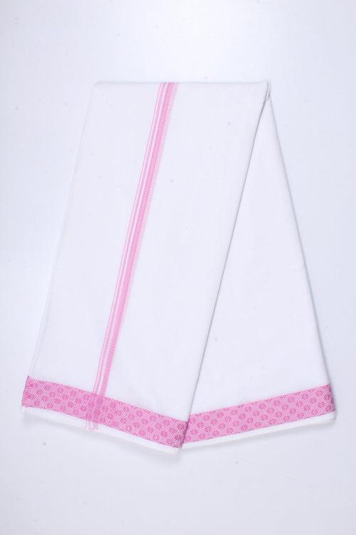 White Dobby Selfline Dhoti Dupatta with Pink Border