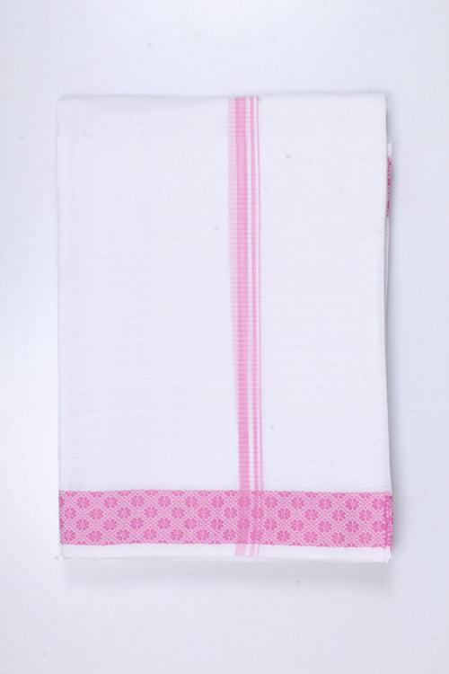 White Dobby Selfline Dhoti Dupatta with Pink Border