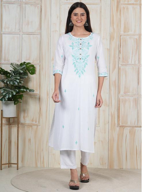 Hand Embroidered White Long Kurti