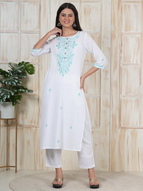 Hand Embroidered White Long Kurti