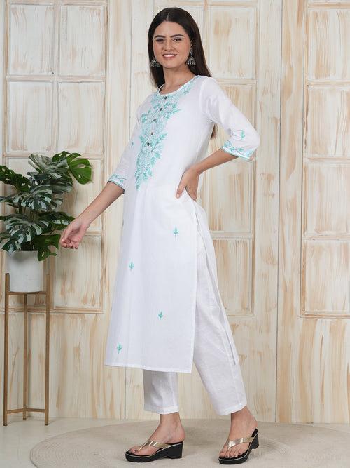 Hand Embroidered White Long Kurti