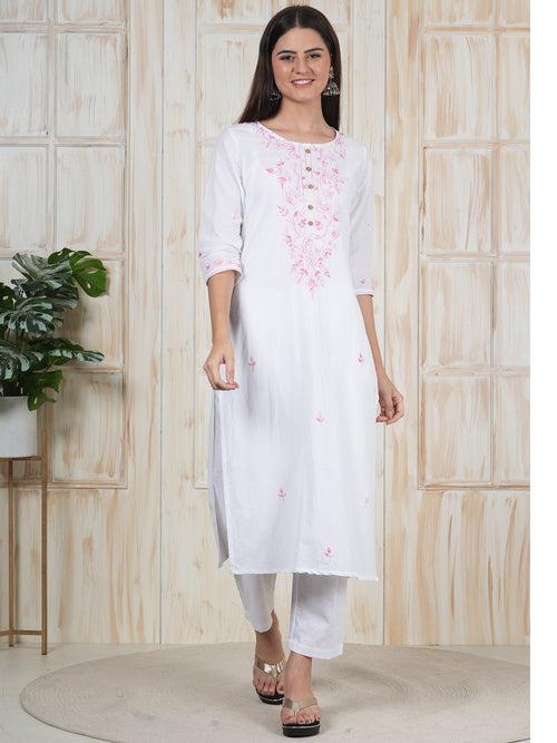 Hand Embroidered White Long Kurti