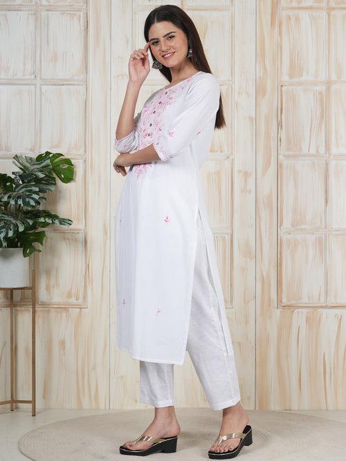 Hand Embroidered White Long Kurti