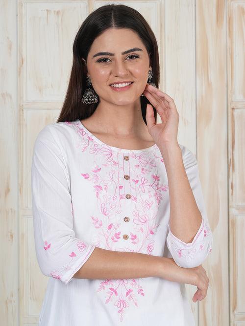 Hand Embroidered White Long Kurti