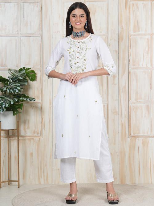 Hand Embroidered White Long Kurti