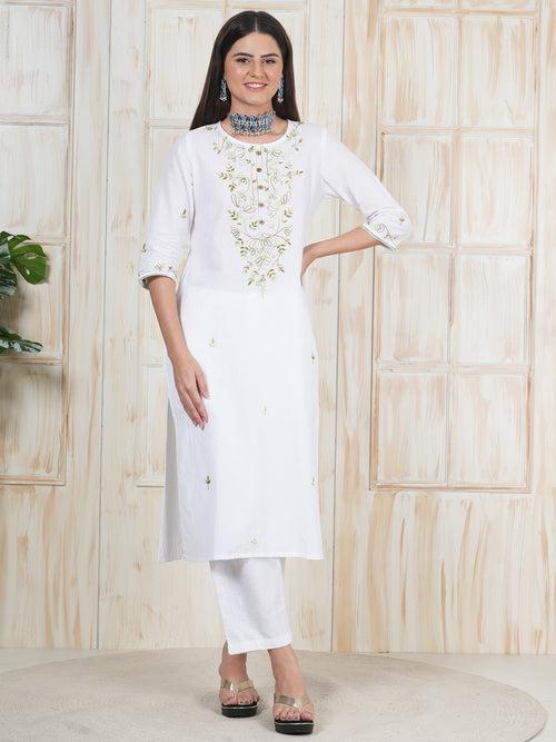 Hand Embroidered White Long Kurti