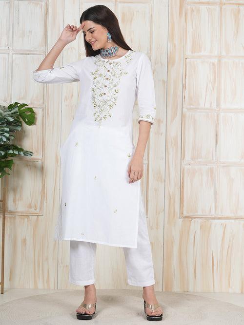 Hand Embroidered White Long Kurti