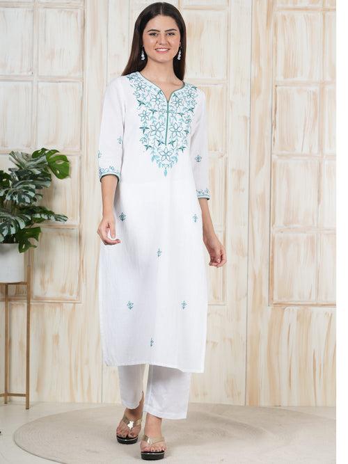 Hand Embroidered White Long Kurti