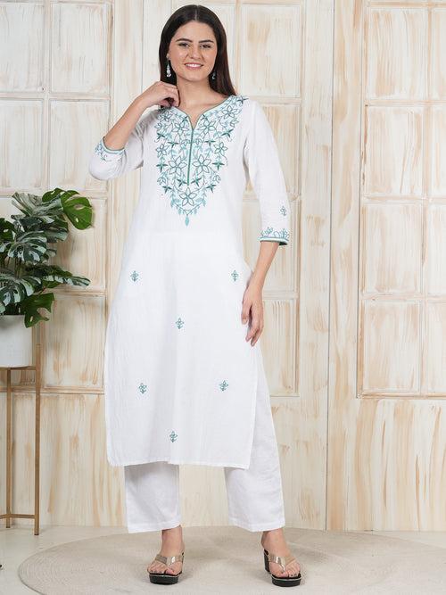 Hand Embroidered White Long Kurti