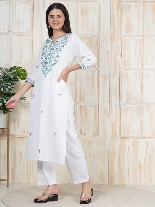 Hand Embroidered White Long Kurti