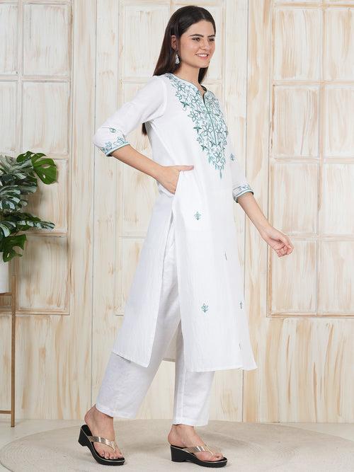 Hand Embroidered White Long Kurti