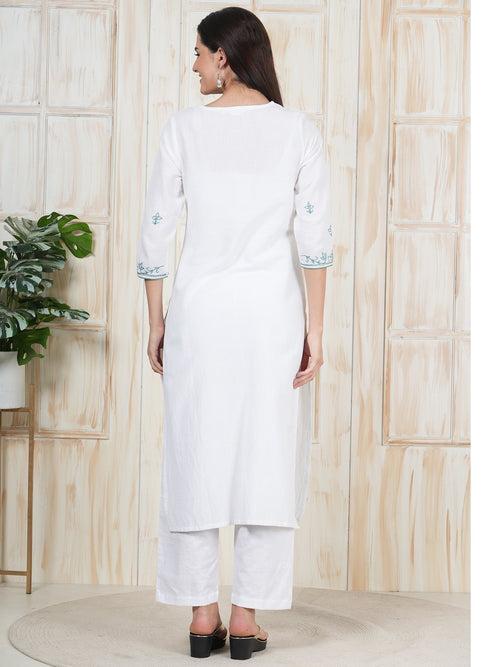 Hand Embroidered White Long Kurti