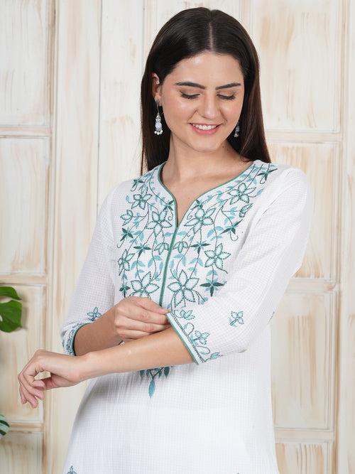 Hand Embroidered White Long Kurti