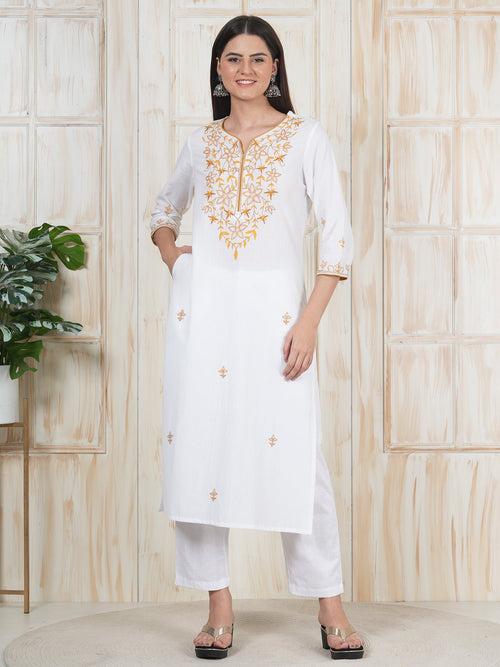 Hand Embroidered White Long Kurti