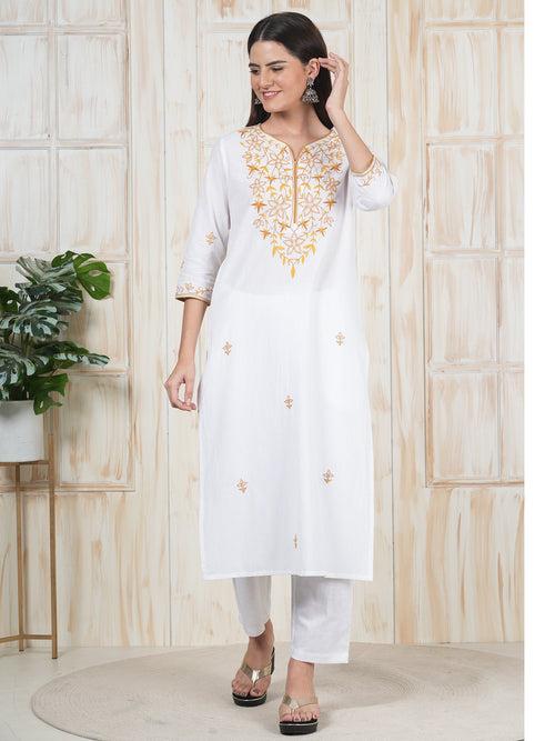 Hand Embroidered White Long Kurti