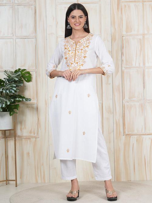 Hand Embroidered White Long Kurti