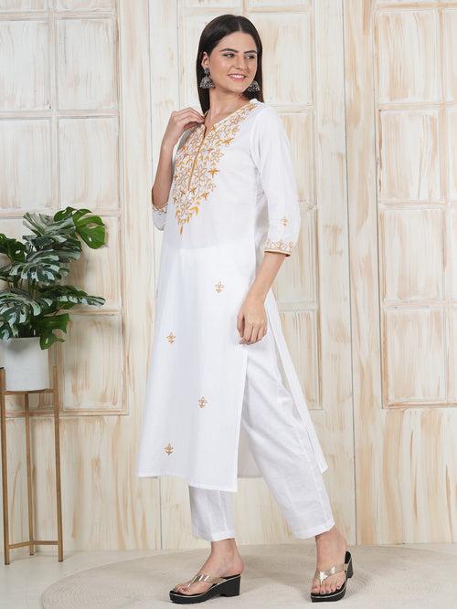 Hand Embroidered White Long Kurti