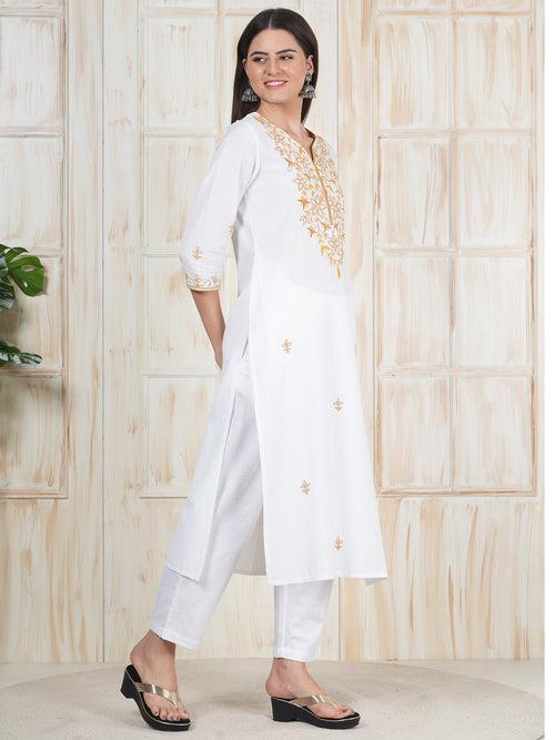 Hand Embroidered White Long Kurti