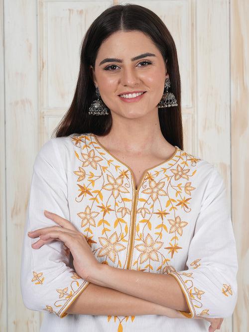 Hand Embroidered White Long Kurti