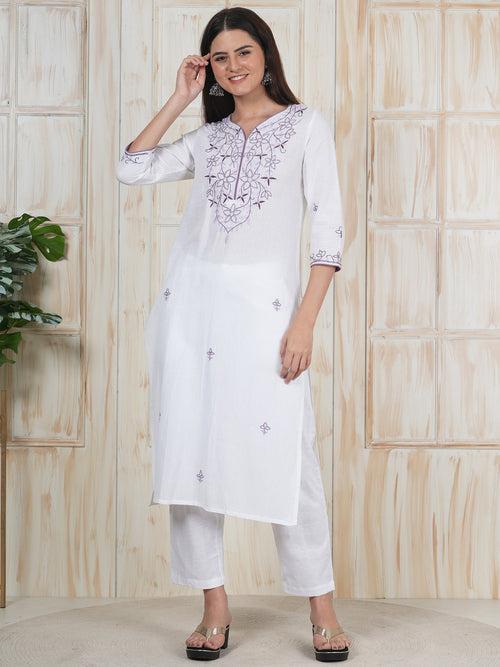 Hand Embroidered White Long Kurti