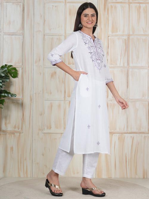 Hand Embroidered White Long Kurti