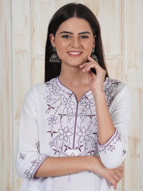 Hand Embroidered White Long Kurti