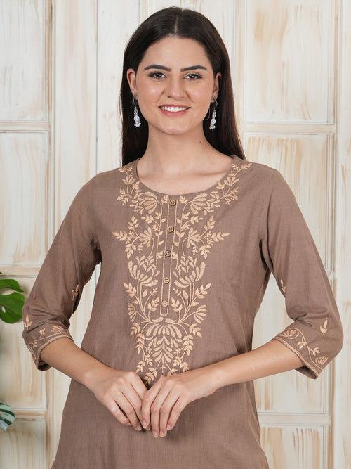 Brown Hand Hand Embroidered Long Kurti