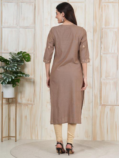 Brown Hand Hand Embroidered Long Kurti