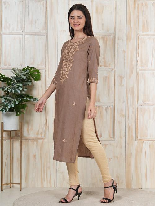 Brown Hand Hand Embroidered Long Kurti