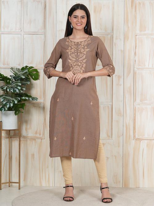 Brown Hand Hand Embroidered Long Kurti