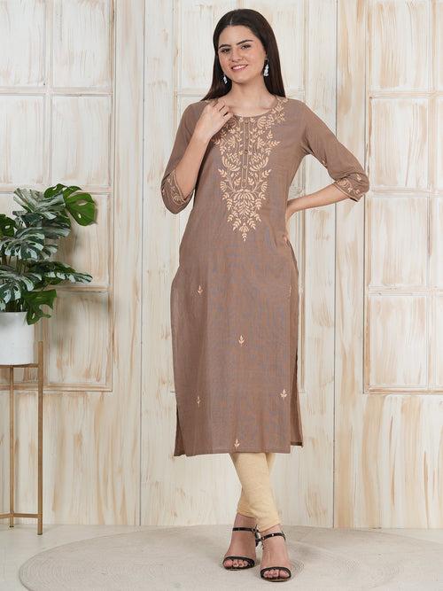 Brown Hand Hand Embroidered Long Kurti