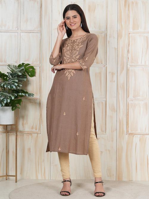 Brown Hand Hand Embroidered Long Kurti