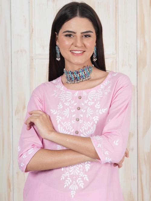 Baby Pink Hand Embroidered Long Kurti