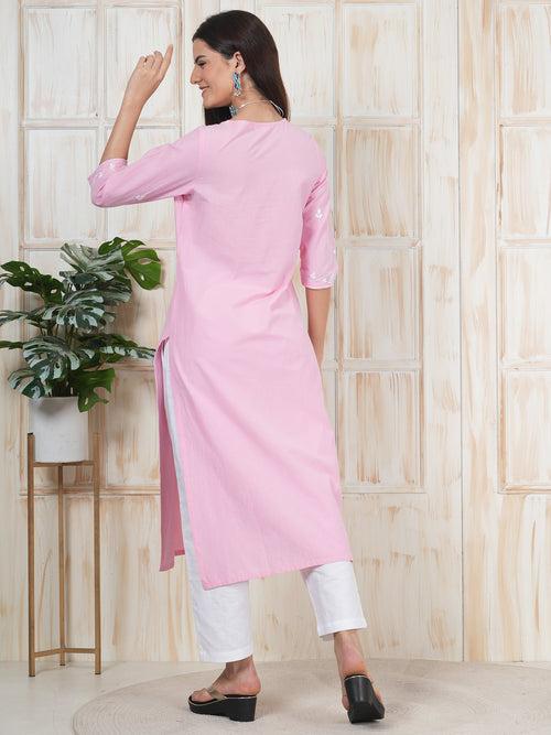 Baby Pink Hand Embroidered Long Kurti