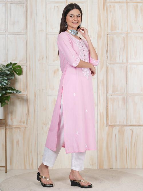Baby Pink Hand Embroidered Long Kurti