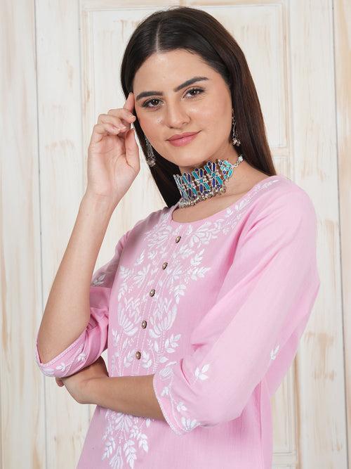 Baby Pink Hand Embroidered Long Kurti