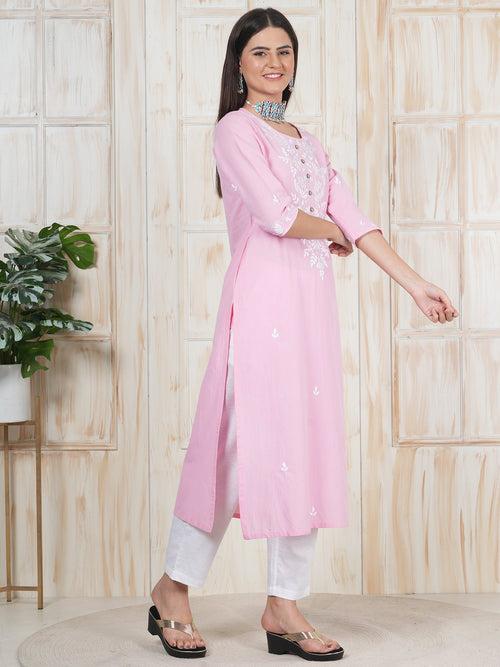 Baby Pink Hand Embroidered Long Kurti