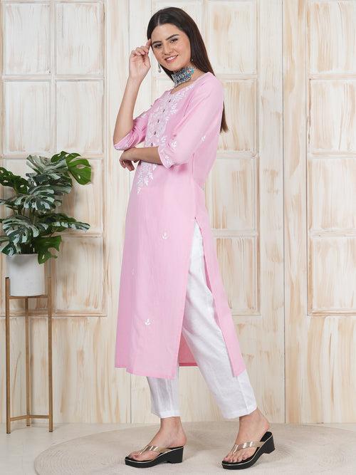 Baby Pink Hand Embroidered Long Kurti