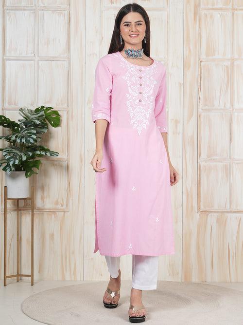 Baby Pink Hand Embroidered Long Kurti