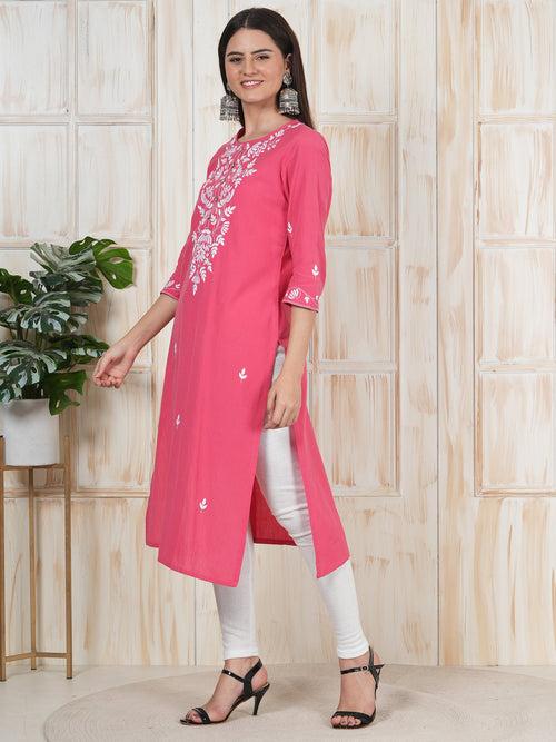 Magenta Hand Embroidered Long Kurti